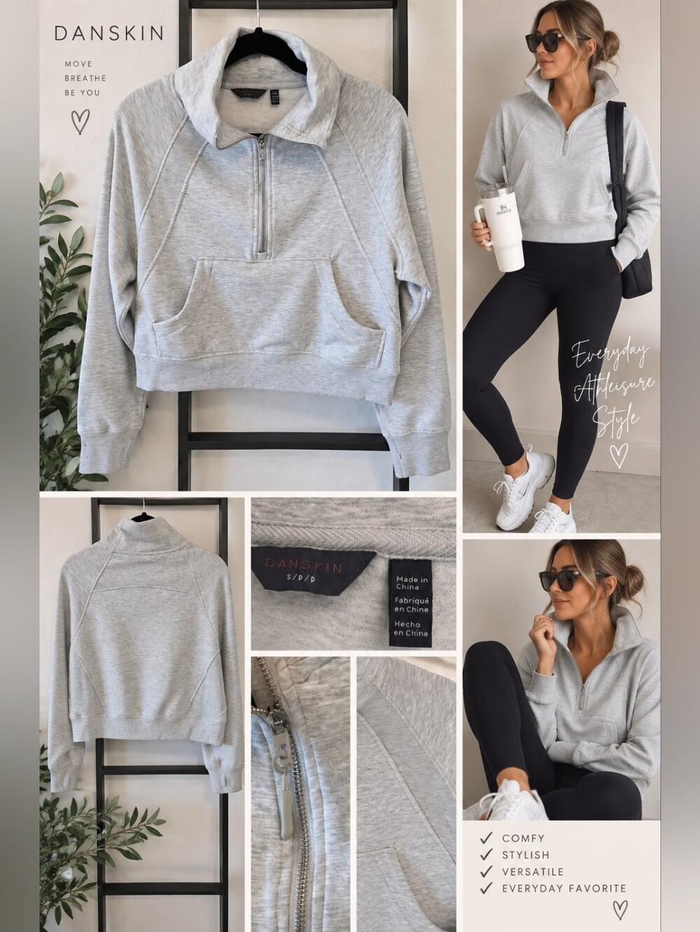 Danskin Heather Gray Quarter Zip Cropped Pullover Sweatshirt – Size Small